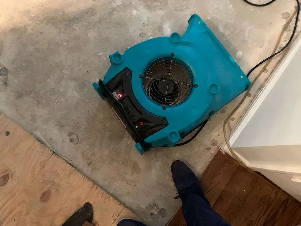 Air mover drying subfloor during Commercial Water Damage Restoration in Middletown